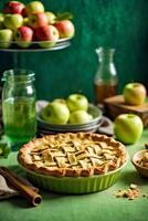 ai gerado uma delicioso torta em uma vibrante verde mesa foto