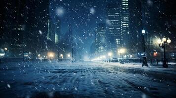 ai gerado Nevado rua às noite. pesado queda de neve, solidão, vazio. foto
