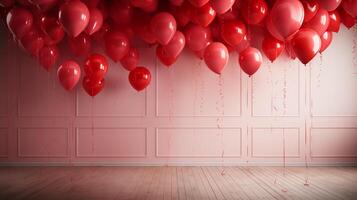 ai gerado quarto com grupo do vermelho balões flutuando a partir de teto e parede com Rosa fundo e de madeira chão. foto