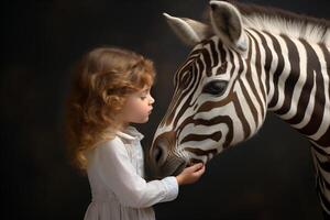 ai gerado jovem menina concurso momento com uma zebra retrato foto