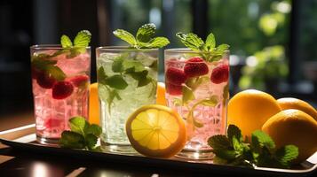 ai gerado verão bebidas, fresco e colorida, com hortelã e frutas, luz solar beijos. foto