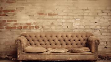 ai gerado vintage couro sofá contra desgastado tijolo parede dentro abandonado espaço foto