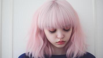 ai gerado pensativo jovem mulher com pastel Rosa cabelo foto