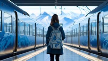 ai gerado contemplativo jovem mulher às uma moderno trem estação foto