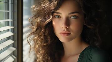 ai gerado sereno caucasiano jovem mulher de janela, perfeito para beleza e bem estar uso foto
