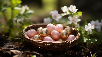 ai gerado decorativo Páscoa ovos dentro ninho entre Primavera flores foto
