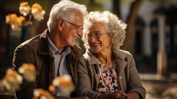 ai gerado alegre idosos casal partilha riso dentro outono luz solar foto