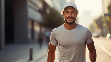 ai gerado sorridente jovem homem dentro casual vestuário desfrutando uma ensolarado urbano configuração foto