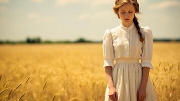 ai gerado jovem mulher dentro trigo campo contemplando. foto