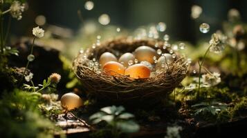 ai gerado encantado floresta cena com ninho do dourado ovos dentro luz solar foto