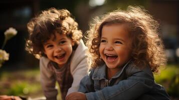 ai gerado alegre irmãos jogando dentro a jardim, dourado hora luz foto