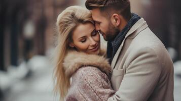 ai gerado amoroso abraço dentro uma Nevado urbano cena, adequado para romântico romances, de Anúncios campanhas foto