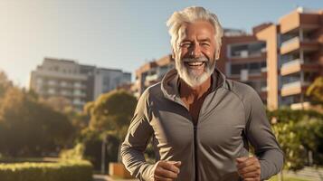 ai gerado Senior caucasiano homem desfrutando manhã correr, ideal para fitness, estilo de vida, bem estar foto