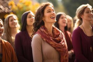 ai gerado grupo do diverso mulheres sorridente, ideal para comunidade noivado e social rede projetos foto