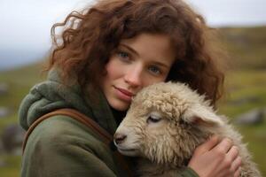 ai gerado jovem caucasiano mulher abraçando ovelha, ótimo para rural estilo de vida retratos foto