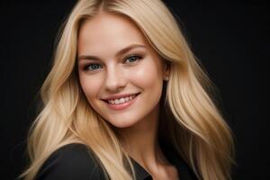 ai gerado retrato lindo Loiras modelo mulher com branco dentes sorriso, saudável grandes cabelo e beleza pele em Preto fundo. conceito do publicidade dentista e facial Cuidado. generativo ai foto