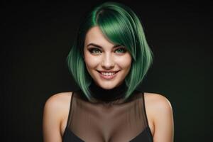 ai gerado retrato lindo verde cabelo e olhos modelo mulher com branco dentes sorriso, saudável grandes cabelo e beleza pele em Sombrio fundo. conceito do publicidade dentista e facial Cuidado. generativo foto