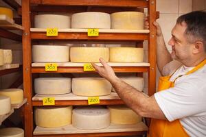 queijo vendedor dentro loja, casa Produção, negócios, empreendedor. sorridente homem, retrato. homem de negocios, venda do queijo produtos. fez com amor e Cuidado. estante etiquetas foto