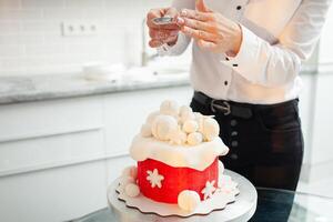 pastelaria chefe de cozinha decora bolo com pó, neve. lindo bolo para Natal, Novo ano, feriado. casa Produção, o negócio mulher, empreendedor, passatempo. foto