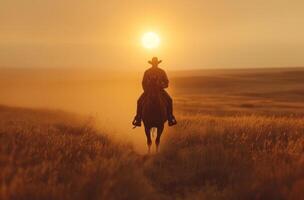 ai gerado uma homem é equitação dentro uma campo em uma cavalo foto