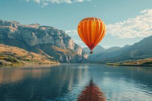 ai gerado uma quente ar balão flutuando sobre uma lago, foto