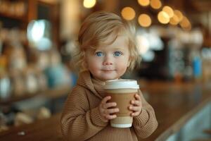 ai gerado criança segurando uma café beber uma bebê dentro uma cafeteria foto