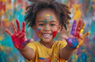 ai gerado feliz criança segurando colorida pintura mãos criança pequena foto