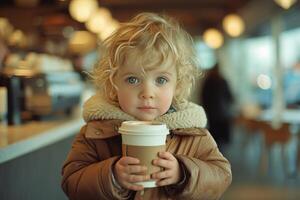 ai gerado criança segurando uma café beber uma bebê dentro uma cafeteria foto