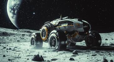 ai gerado uma moderno, robótico nave espacial é em a lua com Está rodas fora foto