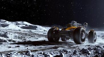 ai gerado uma moderno, robótico nave espacial é em a lua com Está rodas fora foto