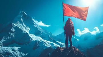 ai gerado pessoa segurando uma fem bandeira em topo montanha foto