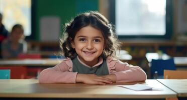 ai gerado uma pequeno menina sentado às uma escrivaninha e sorridente foto