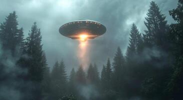 ai gerado a UFO vôo sobre uma nublado céu e árvores, foto