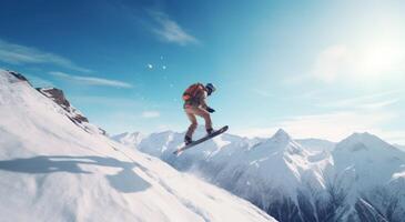 ai gerado uma pessoa é pulando snowboard sobre uma topo da montanha foto