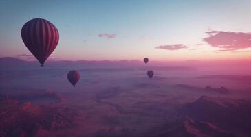 ai gerado quente ar balões vôo acima Alto colinas, platô, nascer do sol balão foto