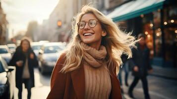 ai gerado feliz Loiras mulher dentro Castanho caminhando baixa a rua foto