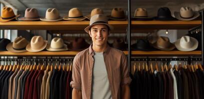 ai gerado moda desenhador vestindo uma chapéu em pé dentro frente do uma prateleira foto