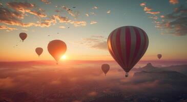 ai gerado quente ar balões vôo acima Alto colinas, platô, nascer do sol balão foto