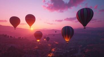 ai gerado quente ar balões vôo acima Alto colinas, platô, nascer do sol balão foto