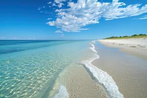 ai gerado arenoso margens, azul águas, e Claro céu pintura uma imagem perfeita verão dia foto