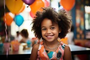ai gerado uma pequeno menina é sorridente às uma aniversário festa foto