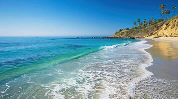 ai gerado arenoso margens, azul águas, e Claro céu pintura uma imagem perfeita verão dia foto