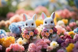 ai gerado encantador Páscoa Coelho estatuetas aninhado entre florescendo Primavera flores foto