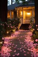 ai gerado pétala de rosa caminho, cintilante luzes, e sentimental amor notas foto