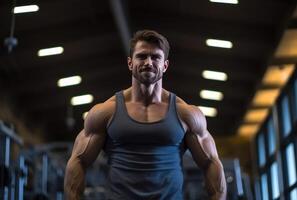 ai gerado a ideal em forma macho, em pé com muscular tronco dentro a Academia foto