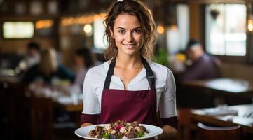 ai gerado uma garçonete em pé dentro uma restaurante com uma prato do Comida foto