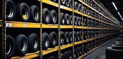 ai gerado cheio do pesado dever pneus estão exibido em a industrial prateleira foto