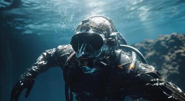 ai gerado mergulho mergulhador dentro uma corpo terno natação embaixo da agua foto