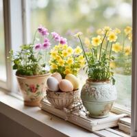 ai gerado primavera peitoril da janela decoração apresentando pintado ovos e em vaso floresce foto