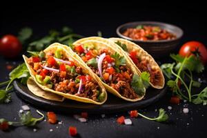 ai gerado mexicano tacos com carne dentro tomate molho e salsa generativo ai foto